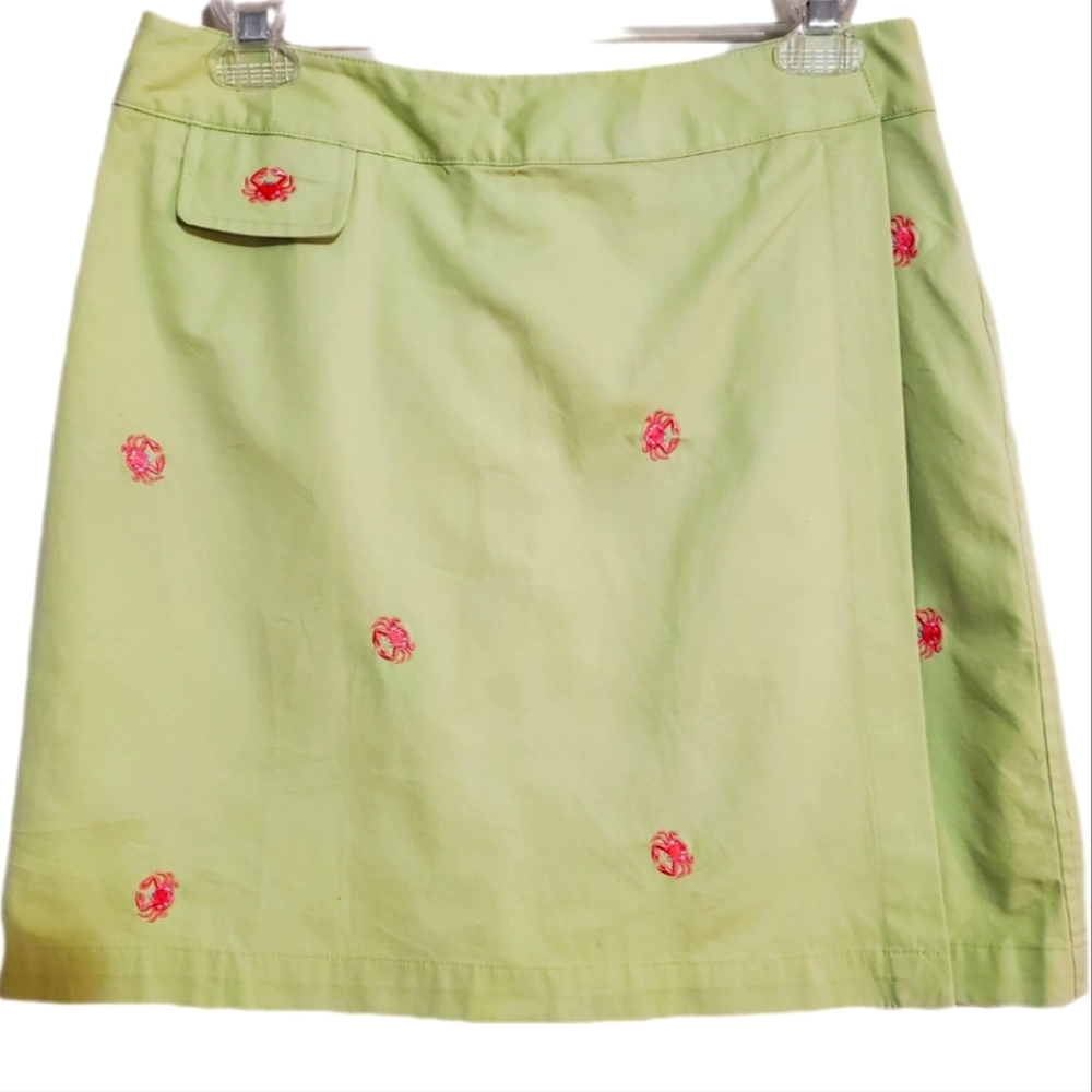 Kate Hill cotton green pink embroidered faux wrap preppy skort mini skirt 8P NWT